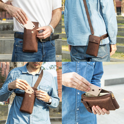 Retro Crazy Horse and Cowhide Leather Men's Phone Bag - Compact Crossbody Pouch