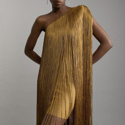 Sleeveless Asymmetric Tassel Midi Dress | Mid-Rise Party Dress