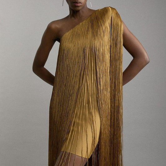 Sleeveless Asymmetric Tassel Midi Dress | Mid-Rise Party Dress