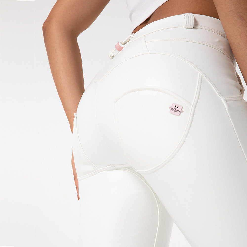 White Fleece-Lined PU Leather Fitness Pants - High-Waist Pencil Leggings