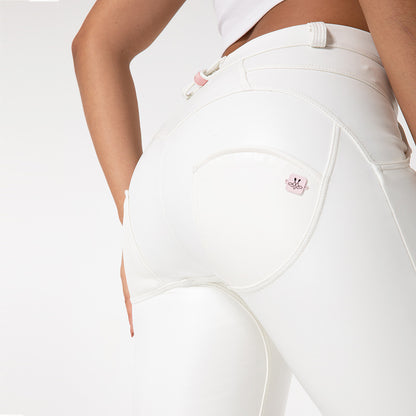 White Fleece-Lined PU Leather Fitness Pants - High-Waist Pencil Leggings