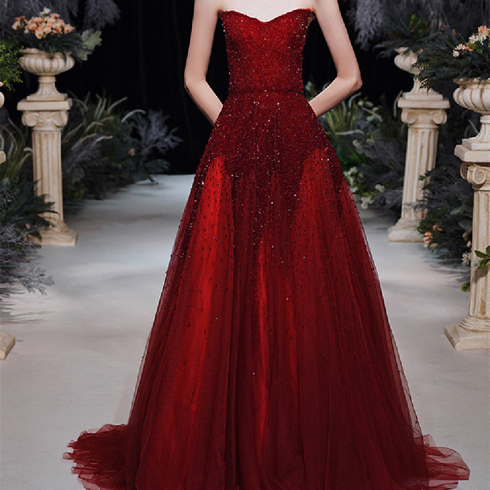 Elegant Wine Red Evening Gown - Off-Shoulder Formal Dress for Weddings & Special Occasions