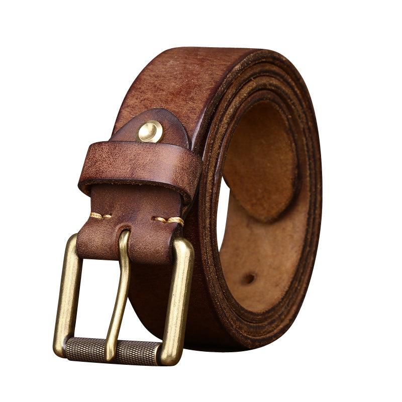 Handmade 4CM Wide First Layer Cowhide Leather Belt - Thickened Genuine Leather with Copper Buckle