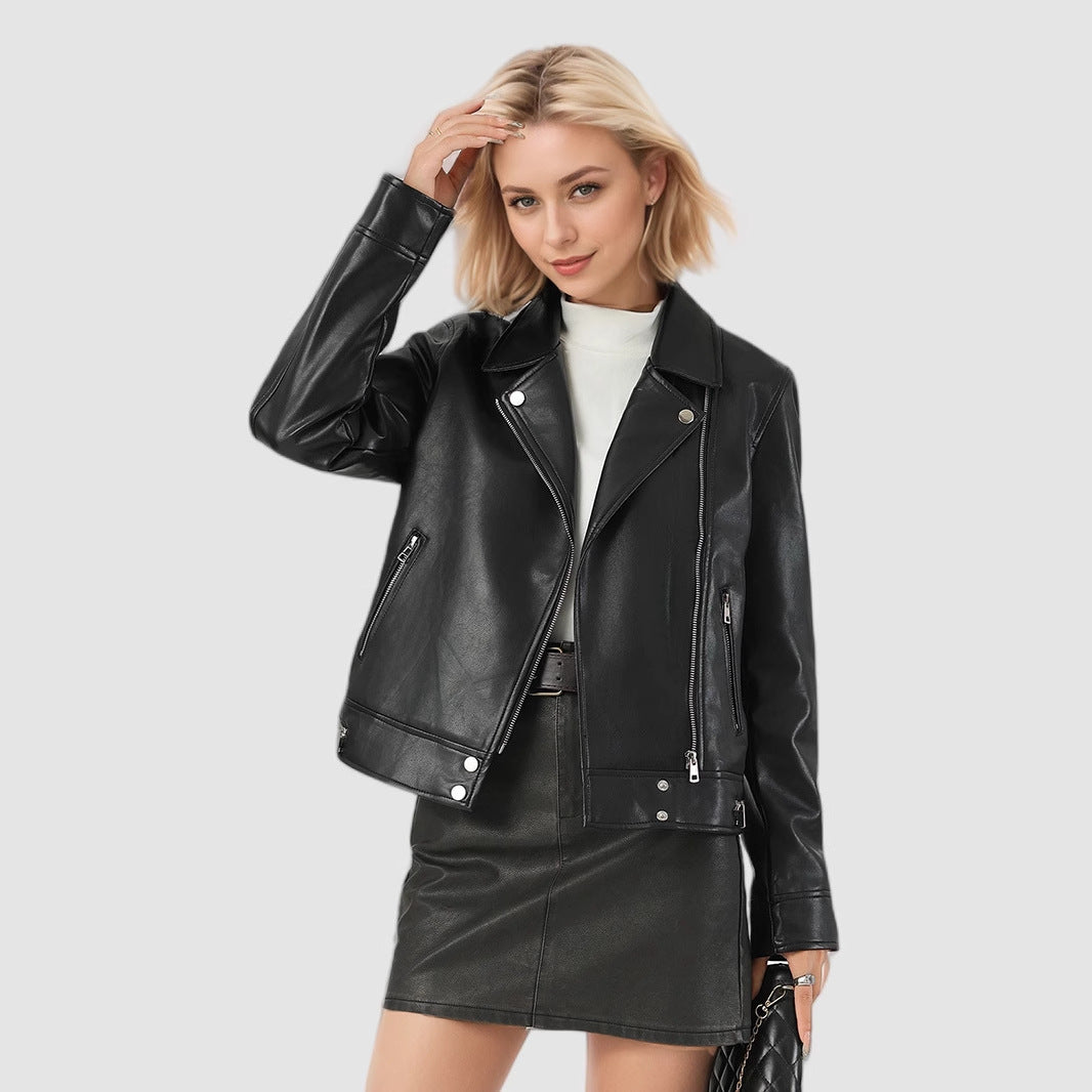Women's Slim-Fit PU Leather Jacket with Turn-Down Collar