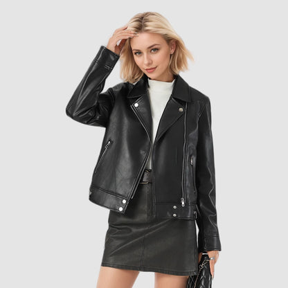 Women's Slim-Fit PU Leather Jacket with Turn-Down Collar