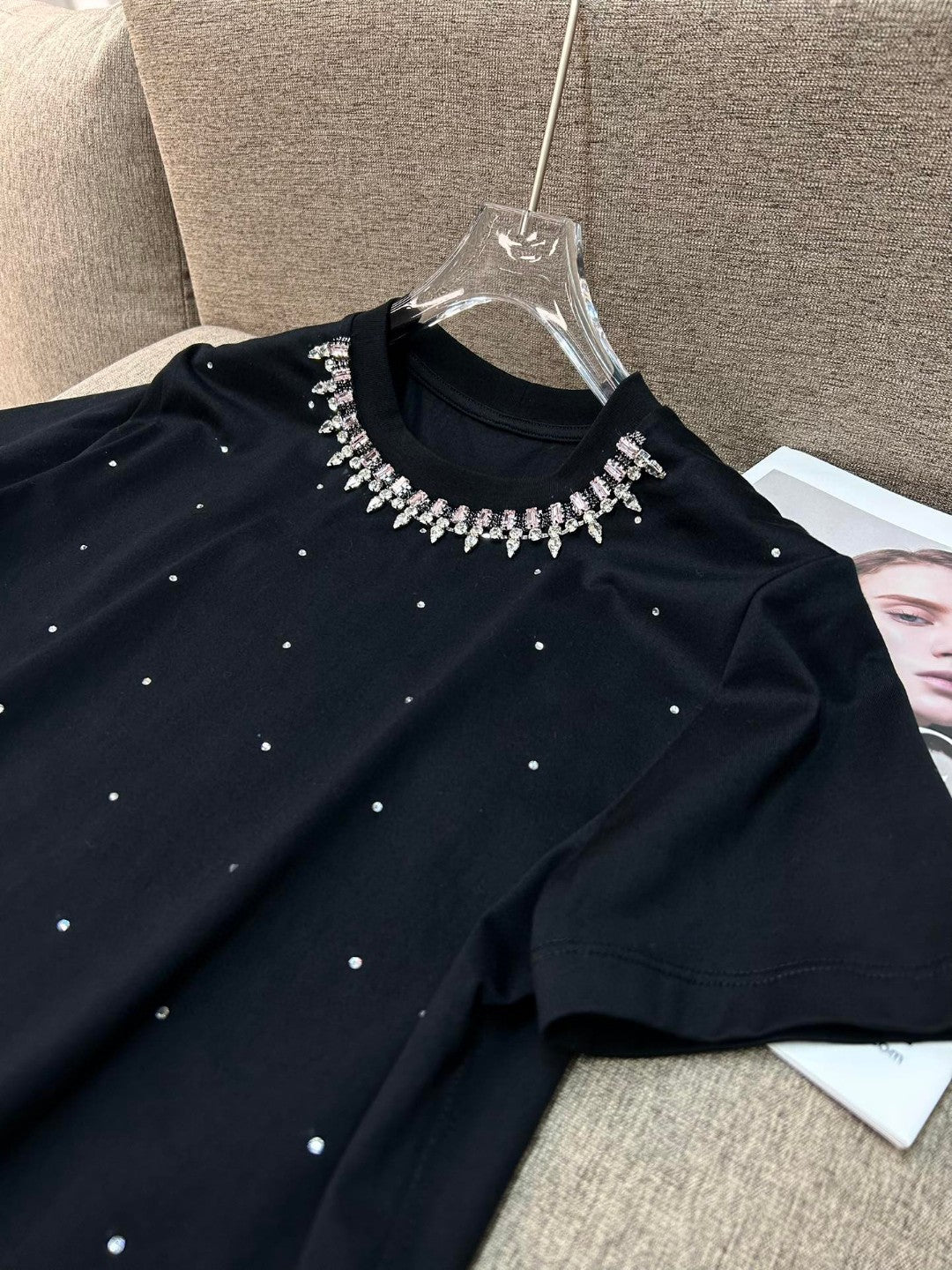 Women's Rhinestone Embellished Cotton T-Shirt - Round Neck Short Sleeve Top