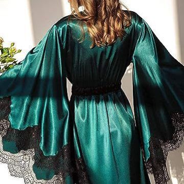 Women's Long Satin Bridal Robe with Lace Trim - V-Neck Wrap Sleepwear