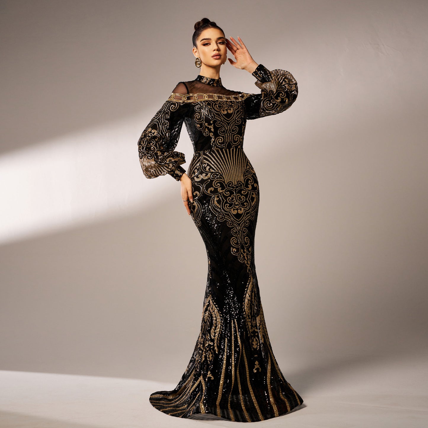 Women's Long Sleeve Sequin Mesh Fishtail Evening Gown – Round Neck Slim Fit Maxi Dress