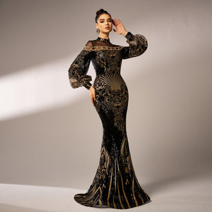 Women's Long Sleeve Sequin Mesh Fishtail Evening Gown – Round Neck Slim Fit Maxi Dress