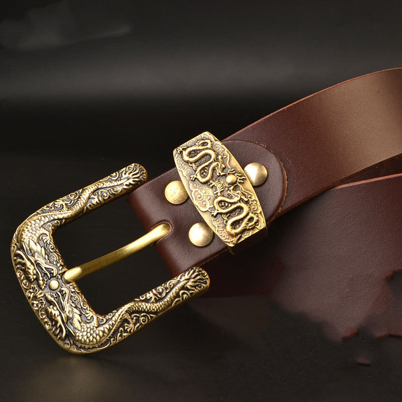 Men's Genuine Leather Belt with Solid Brass Buckle - Casual Pin Buckle