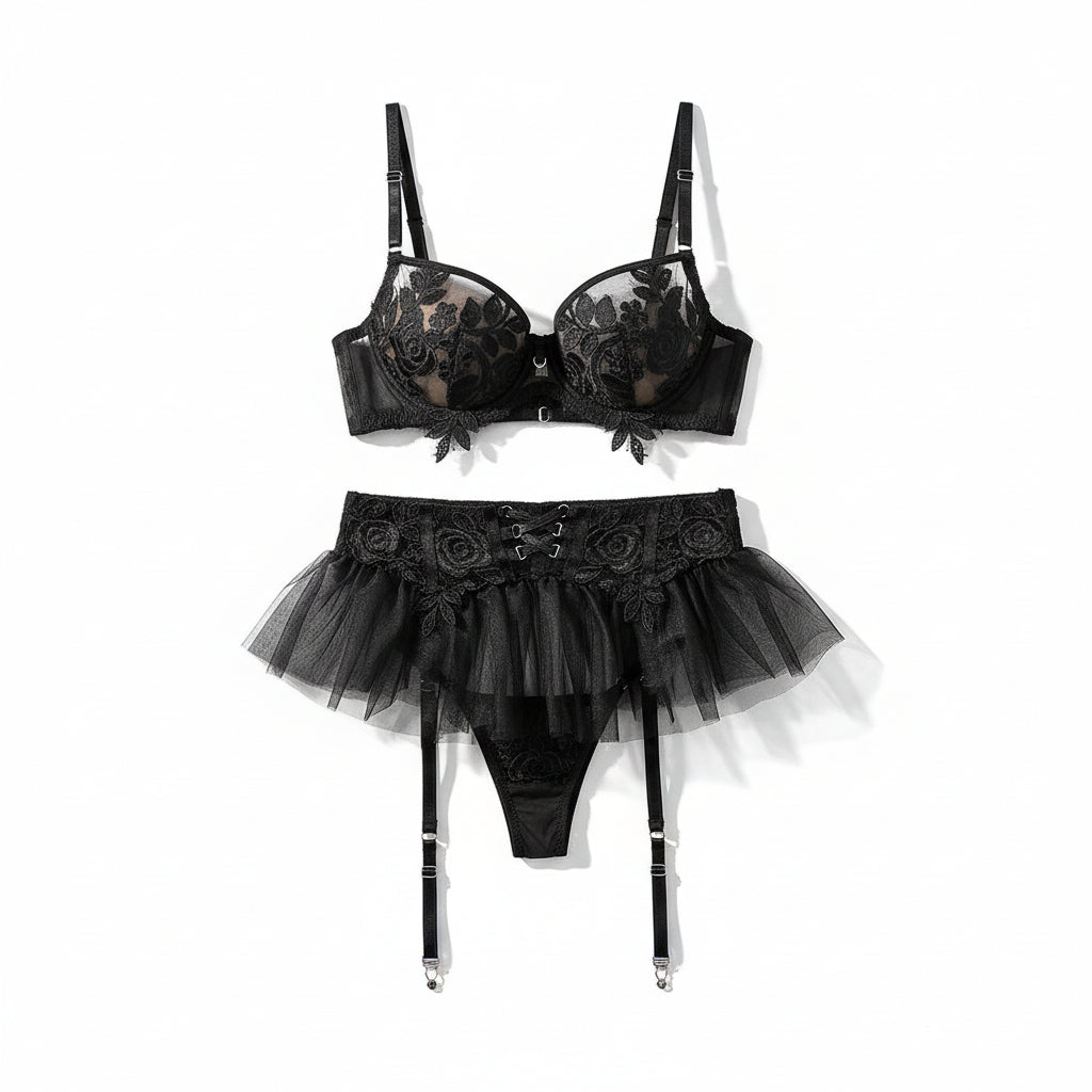 Women's Embroidered Mesh Lingerie Four-Piece Set - Delicate Pleated Design