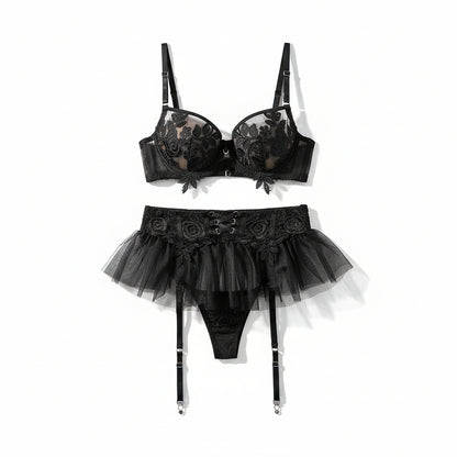 Women's Embroidered Mesh Lingerie Four-Piece Set - Delicate Pleated Design