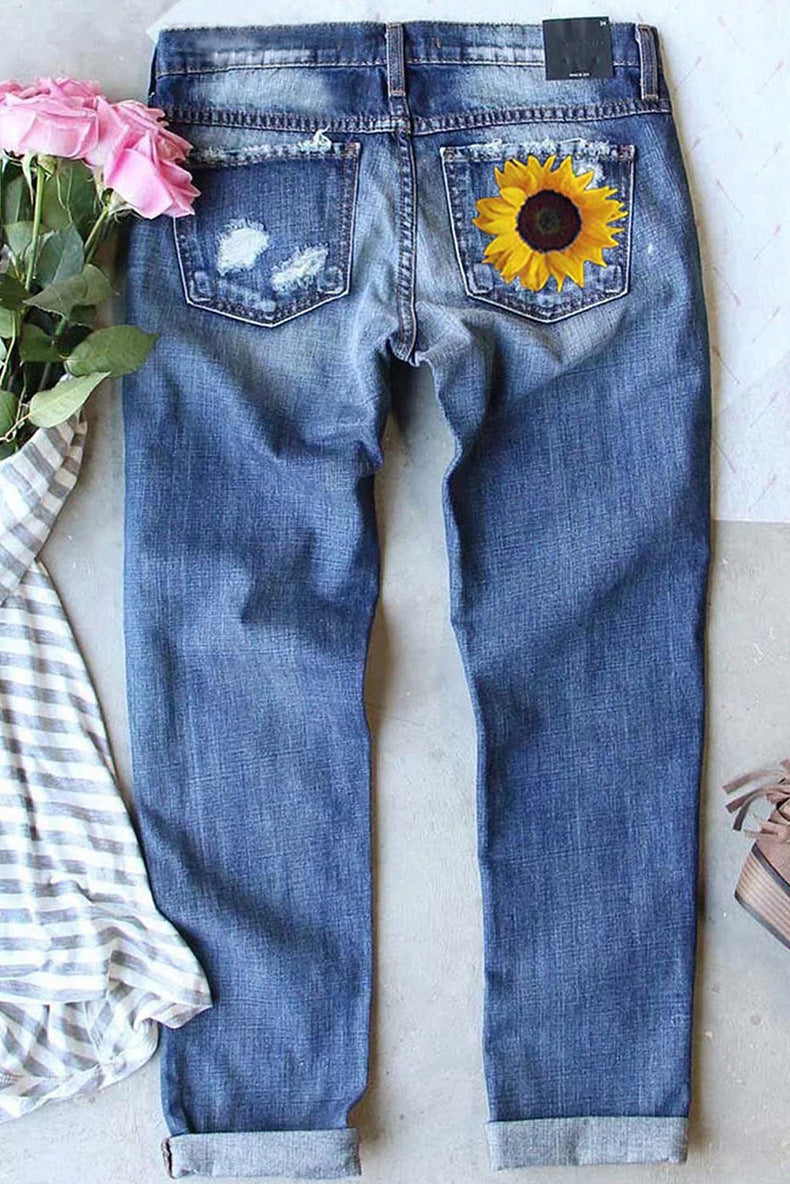 Mid-Rise Ripped Printed Jeans - Women's High Waist Pencil Leg Denim