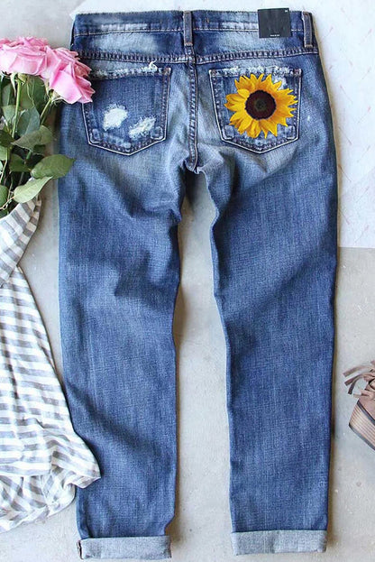 Mid-Rise Ripped Printed Jeans - Women's High Waist Pencil Leg Denim