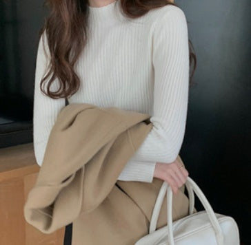 Women's Half High Collar Wool Knitted Base Layer Shirt - Pullover Sweater