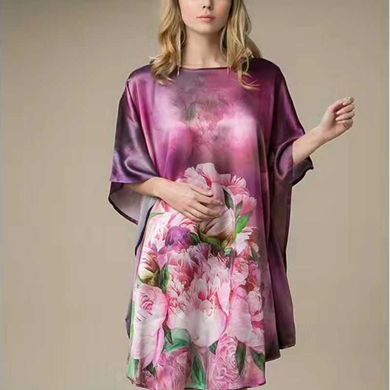 Women's Luxe Silk Bat Sleeve Nightdress - 100% Mulberry Silk Loose Fit Pajama Dress with Inkjet Prints