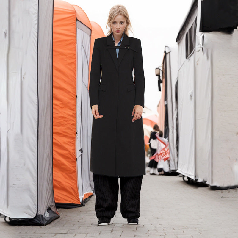 Women's Long Coat - Slim Fit Polyester Jacket with Pockets