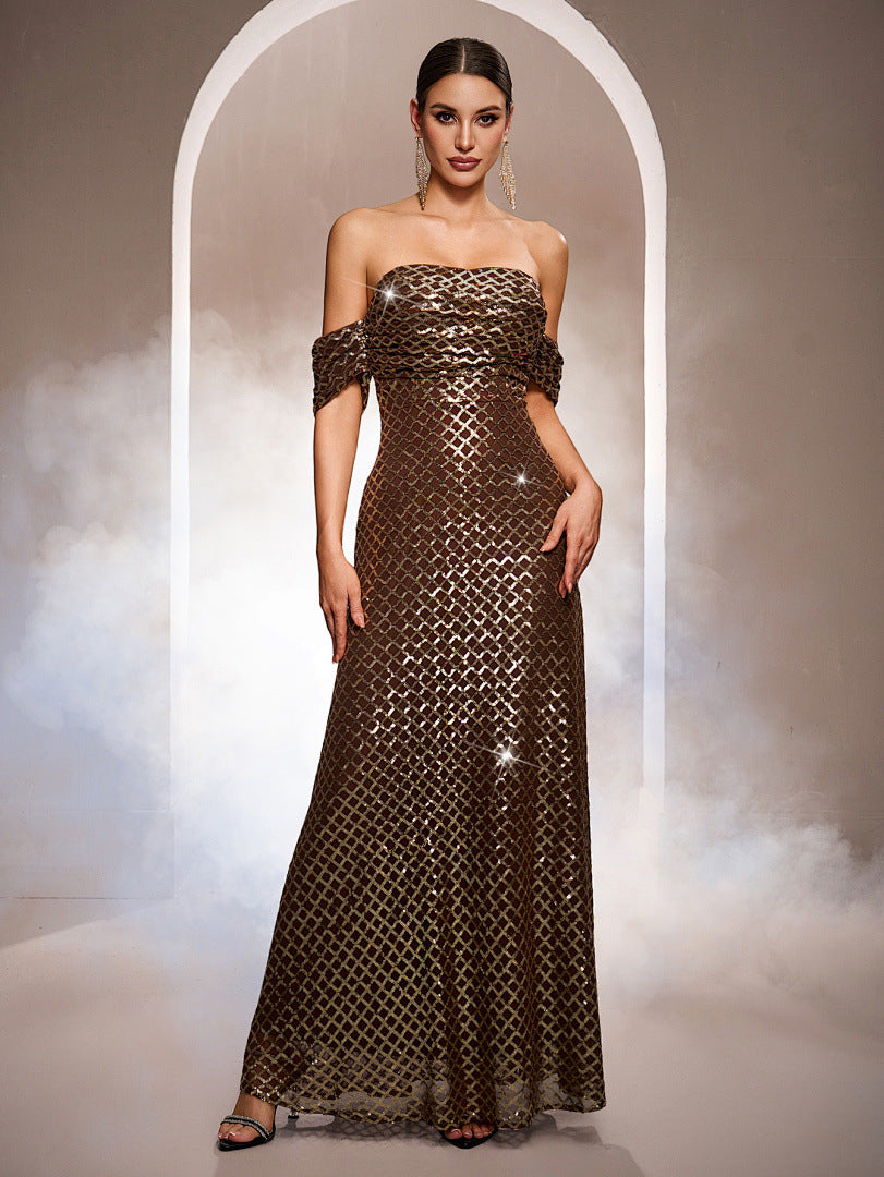 Women's Gold Sequin Off-Shoulder Sleeveless A-Line Evening Gown