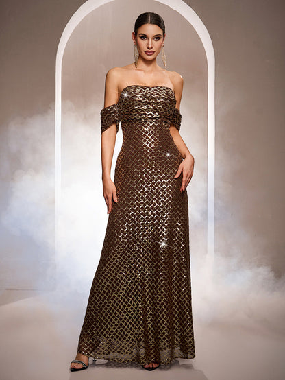 Women's Gold Sequin Off-Shoulder Sleeveless A-Line Evening Gown