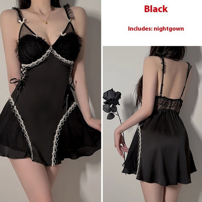 Women's Satin Lace Nightdress - Smooth Polyester Sleepwear with Deep V Neckline