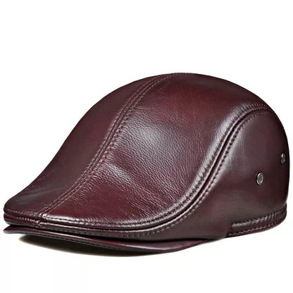 Men's Genuine Cowhide Leather Cap - Top-Grain Duckbill Beret Winter Hat
