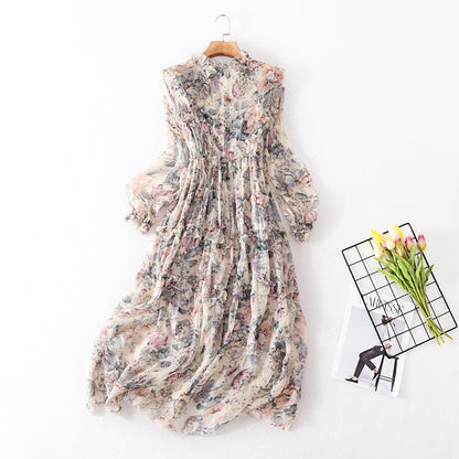 Women's Printed Silk Dress - French Retro Long Sleeve Midi Dress