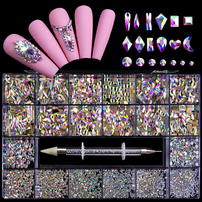 21-Grid Nail Rhinestone Decoration Set - Flat Glass Acrylic Nail Art Jewelry