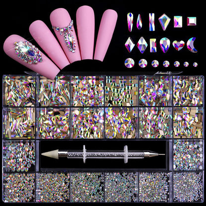 21-Grid Nail Rhinestone Decoration Set - Flat Glass Acrylic Nail Art Jewelry