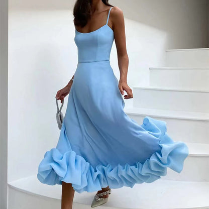 Chiffon A-Line Maxi Dress with 3D Floral Detail - Sleeveless Swing Dress with Suspenders