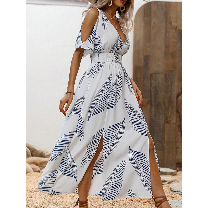 Women's Tropical Floral Print V-Neck Split Dress - Vacation Resort Dress
