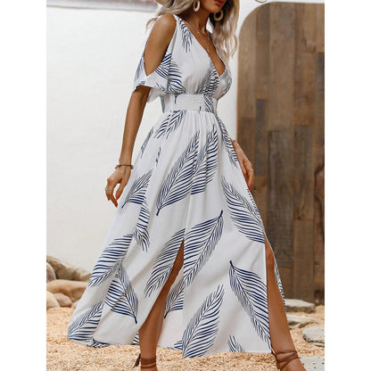 Women's Tropical Floral Print V-Neck Split Dress - Vacation Resort Dress