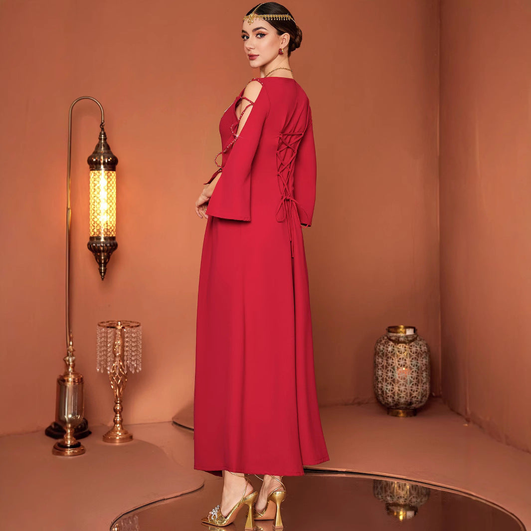 Women's Off-the-Shoulder Maxi Dress – Hand-Sewn Crystal Embellishment Evening Gown