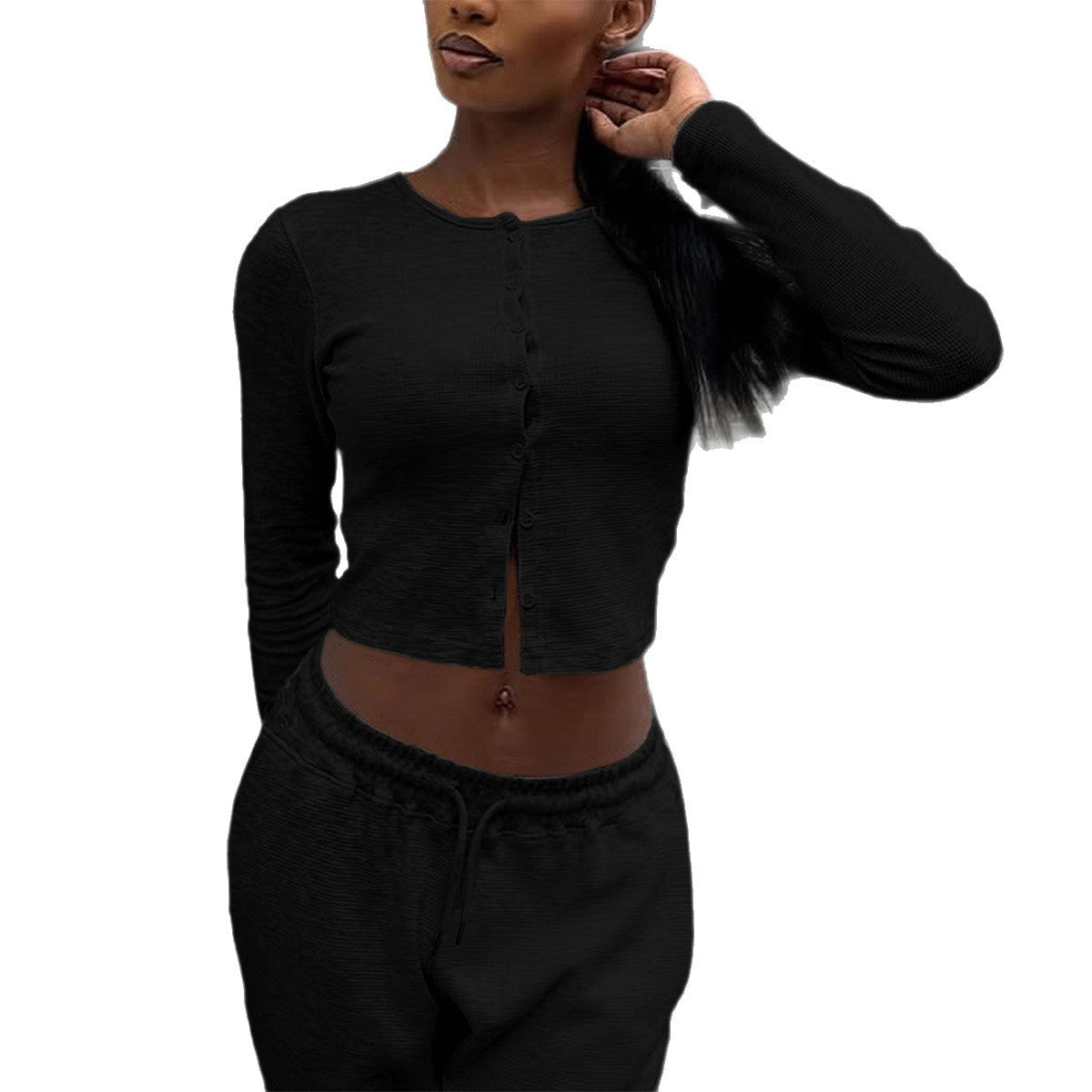 Women's Solid-Color Base Shirt and Casual Pants Set - Polyester Two-Piece Outfit