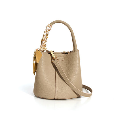 Women's Genuine Leather Bucket Bag - Advanced Texture Handbag with Drawstring Closure