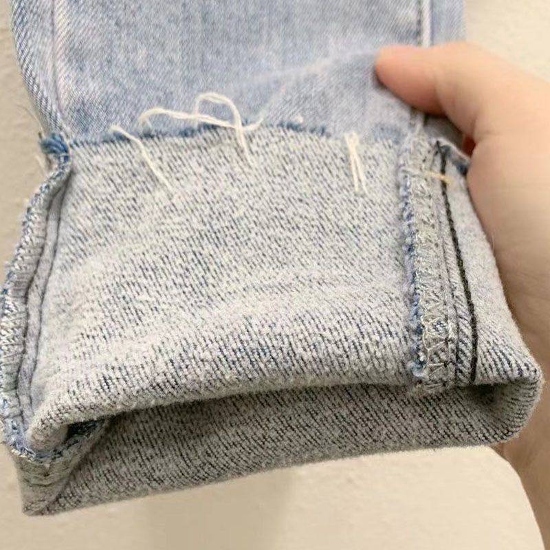 High-Rise Single-Breasted Denim Jeans - Beaded Pencil Pants with Wool Stitching