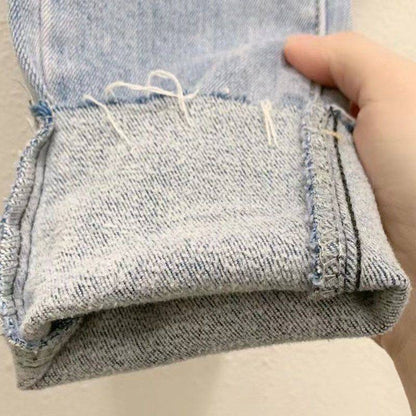 High-Rise Single-Breasted Denim Jeans - Beaded Pencil Pants with Wool Stitching