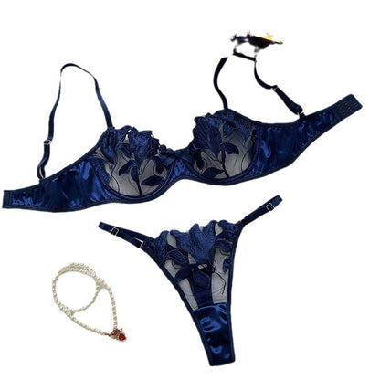 Women's Lace Embroidery Mesh Bra and Panty Set - 3/4 Cup Lingerie Set