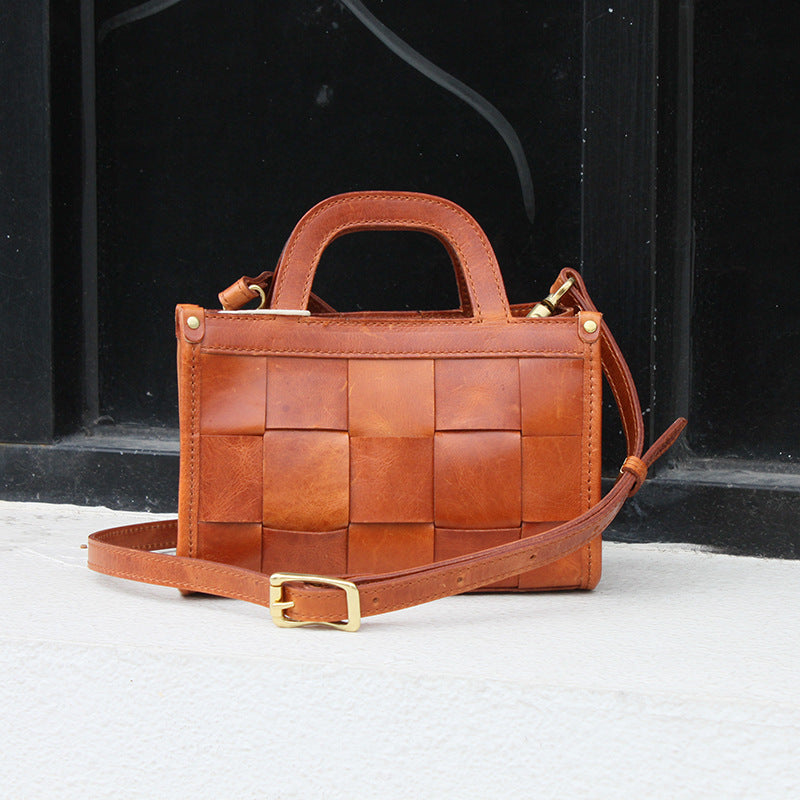 Vegetable-Tanned Head Layer Cowhide Leather Antique Woven Shoulder Bag - European American Retro Style