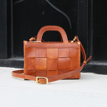 Vegetable-Tanned Head Layer Cowhide Leather Antique Woven Shoulder Bag - European American Retro Style