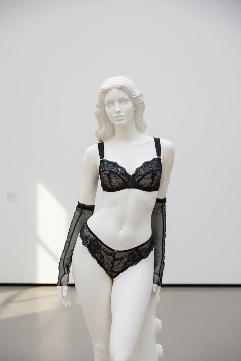 Women's Satin Mesh Embroidery Lingerie Set - Cutout Bra with Gloves
