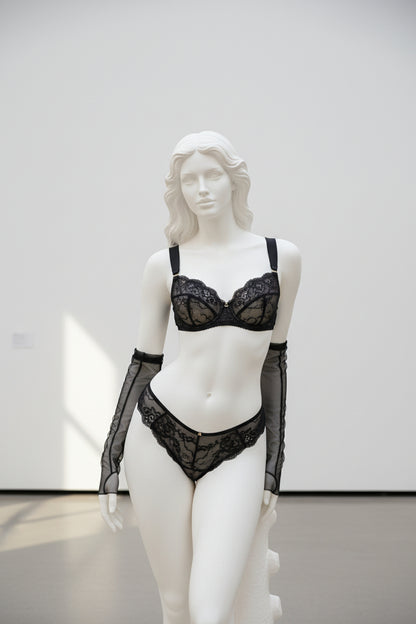 Women's Satin Mesh Embroidery Lingerie Set - Cutout Bra with Gloves