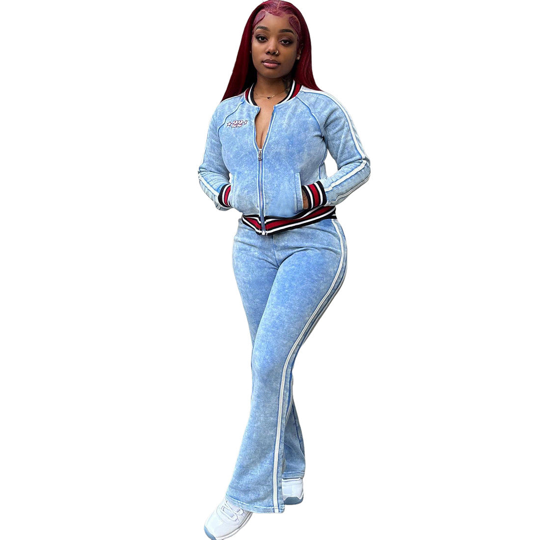 Women's Striped Color-Block Long Sleeve Top and Flared Leg Pants Set