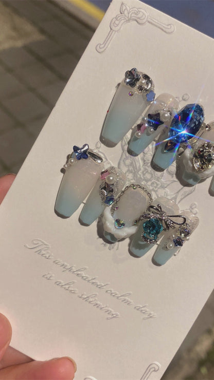 Sea Blue Dove Egg Press-On Nails - False Nail Stickers Set
