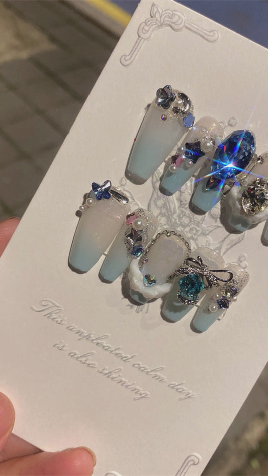 Sea Blue Dove Egg Press-On Nails - False Nail Stickers Set