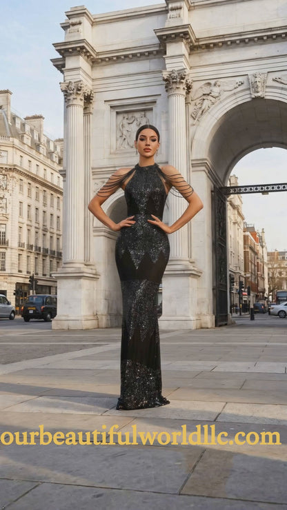 Women's Black Sequin Halter Sleeveless Slim-Fit Evening Dress