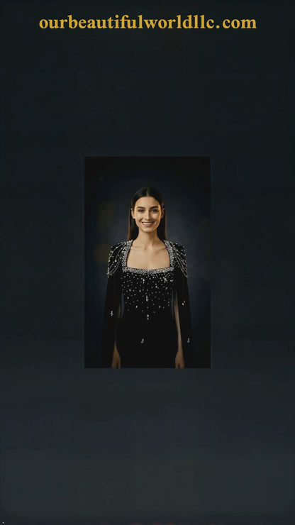 Beaded Lanyard Shawl Sleeve Floor-Length Dress